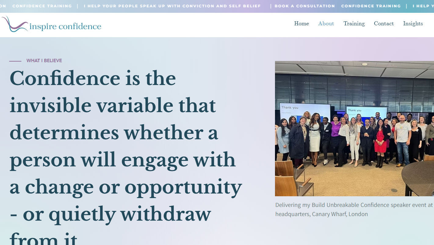 Inspire Confidence website About page with editorial typography and a team event photograph