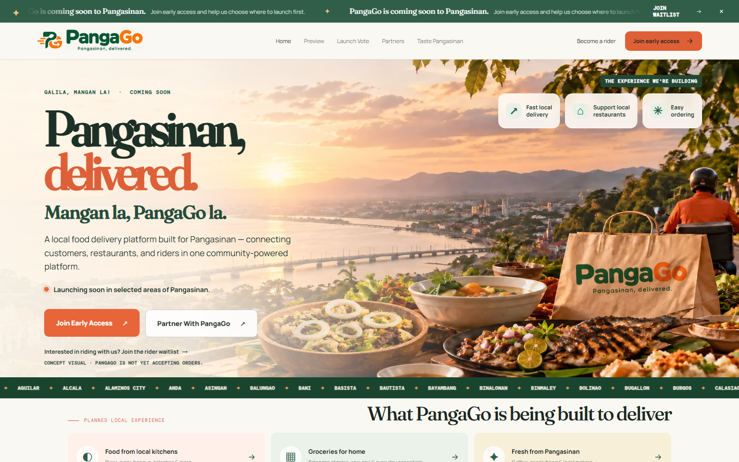 PangaGo coming-soon homepage with Pangasinan scenery, local food, and early-access actions
