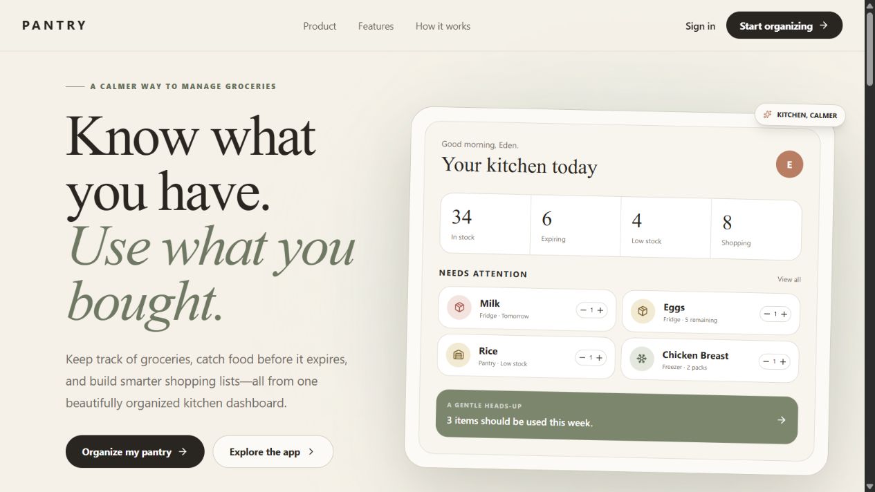 PANTRY kitchen organization homepage with inventory and grocery-planning dashboard