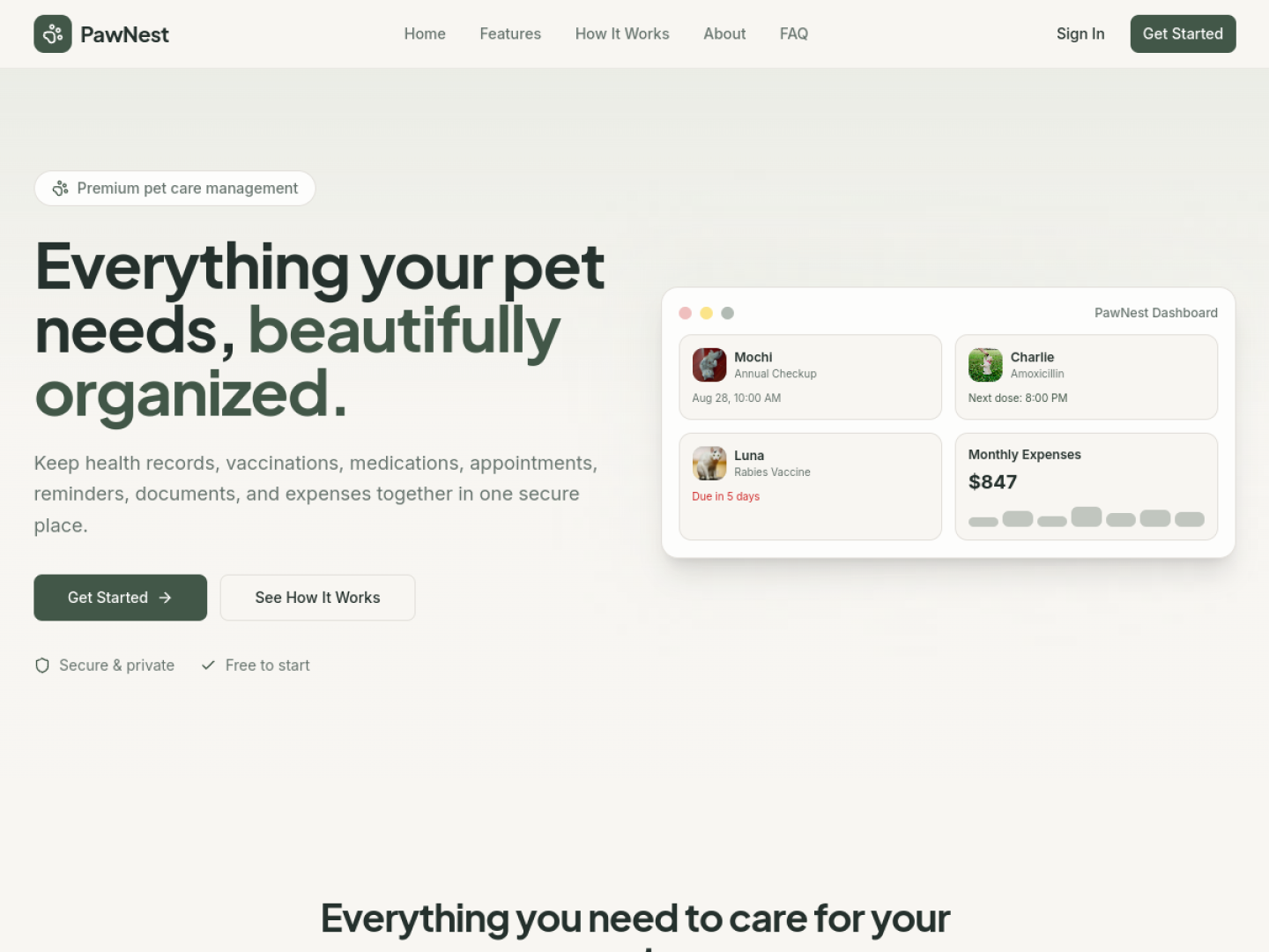 PawNest pet-care homepage with pet profiles, records, and reminder features