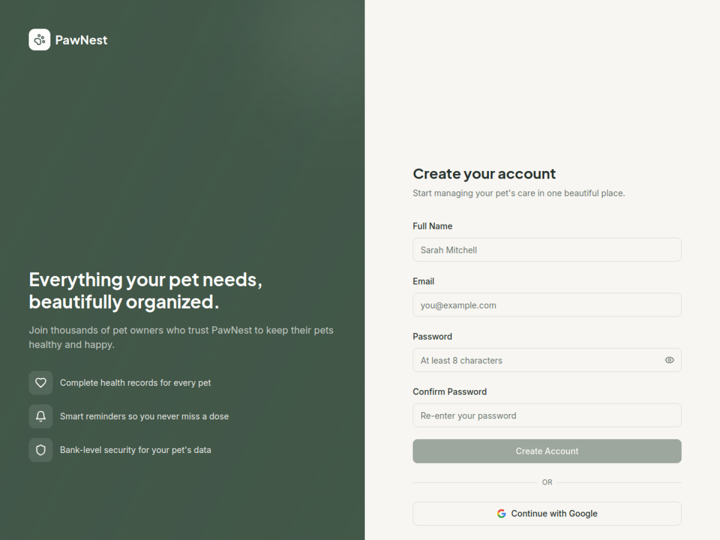 PawNest — Account onboarding interface reference