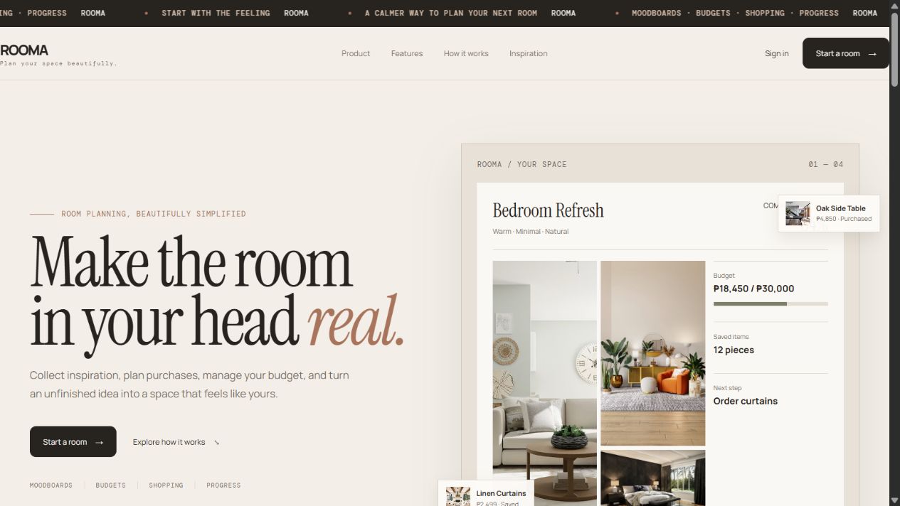 ROOMA room-planning workspace with a bedroom moodboard and budget overview