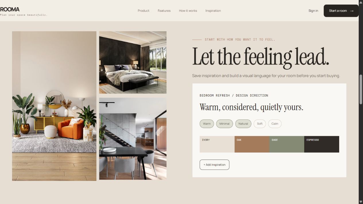 ROOMA — Inspiration & design direction interface reference