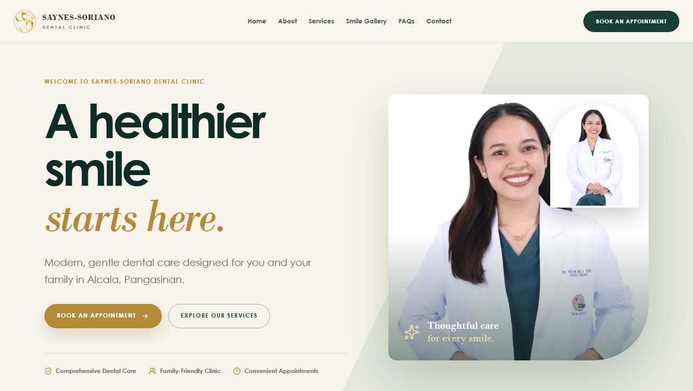 Saynes–Soriano Dental Clinic homepage with dentist portrait and appointment links
