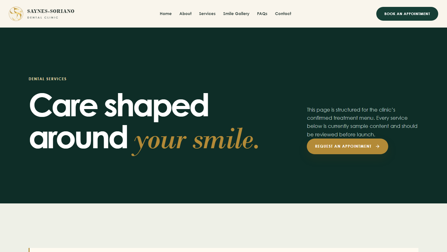 Saynes–Soriano Dental Clinic — Services overview interface reference