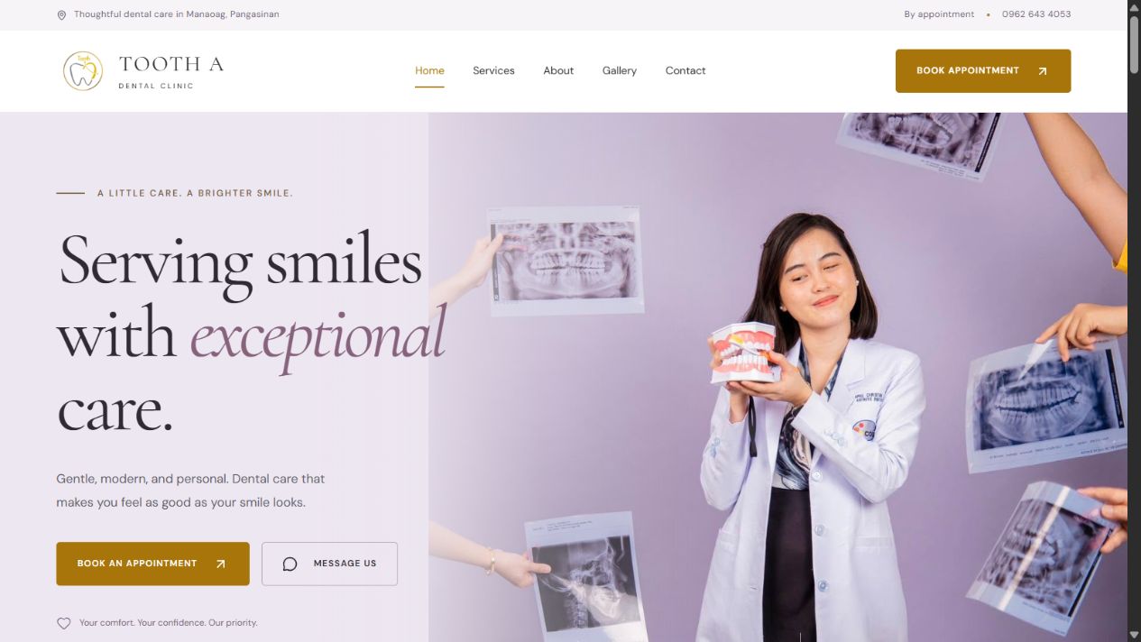 Tooth A Dental Clinic homepage introducing the dentist, clinic, and services